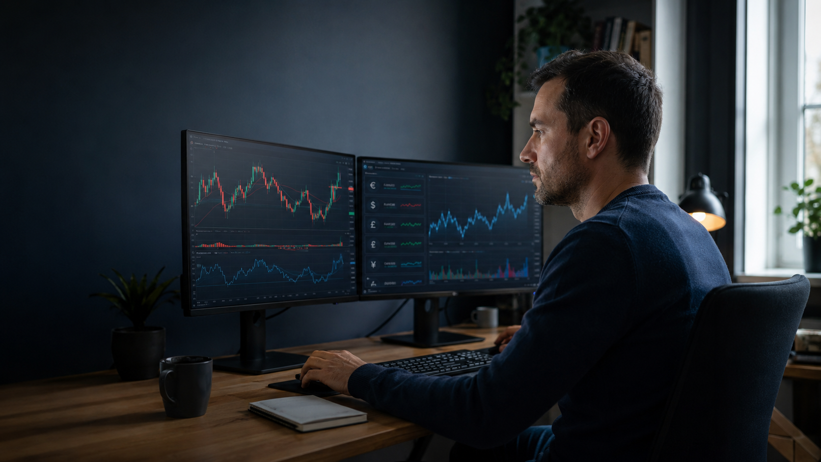 Eine Person beobachtet verschiedene Währungskurse und Forex-Charts auf zwei Bildschirmen