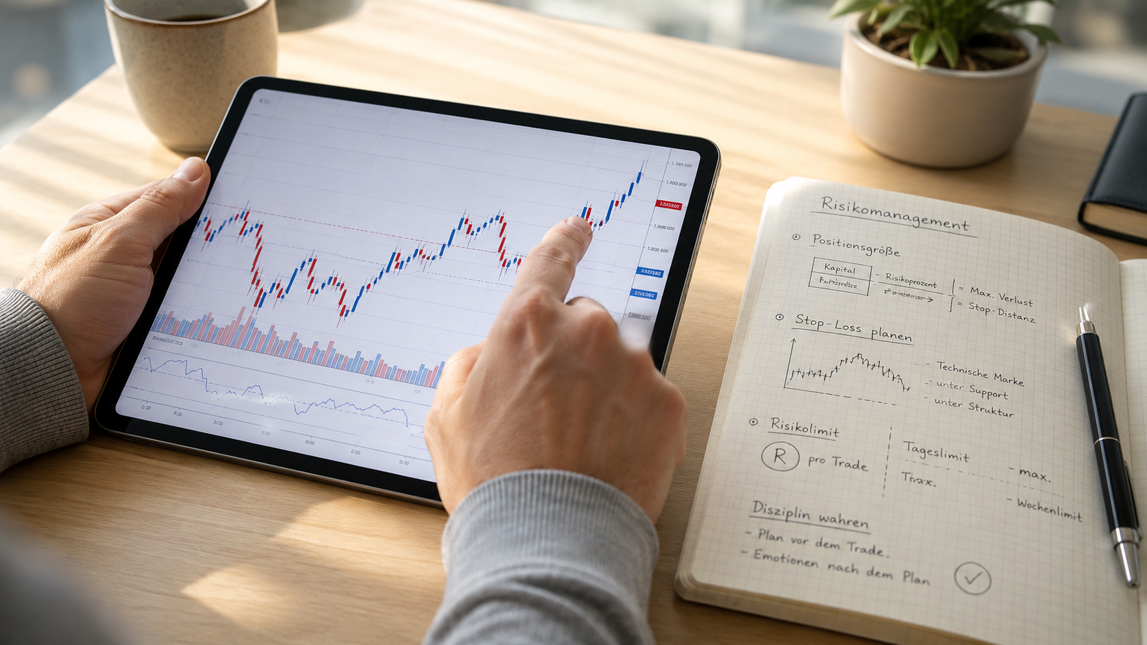 Hände mit Tablet und Notizen für einen Trading-Plan