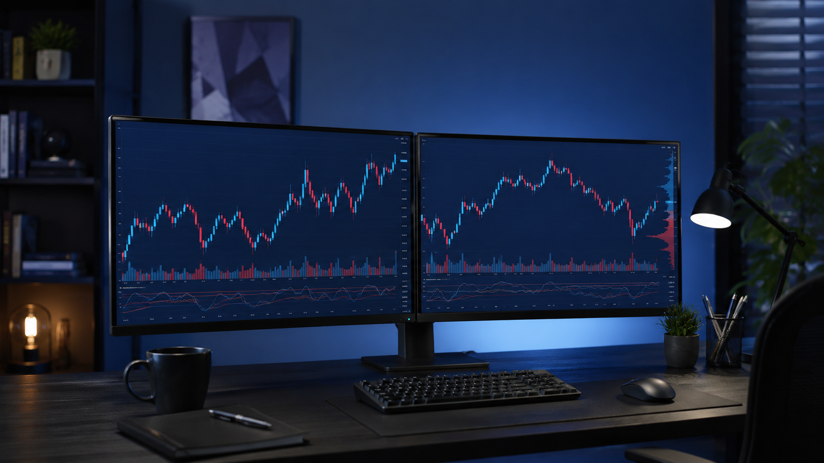Trading-Arbeitsplatz mit Kursdiagrammen auf Bildschirmen